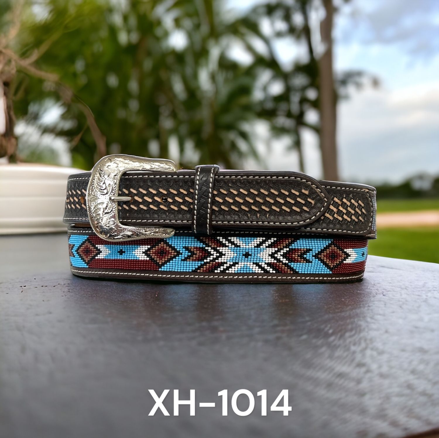 Twisted X Belt, Blue and Brown beaded