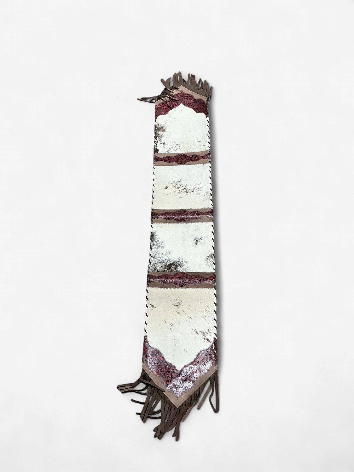 Rustic Leather Designs Table Runner Model 2 - Plain with Details Floral Red, with Fringes, Size 1'X6'