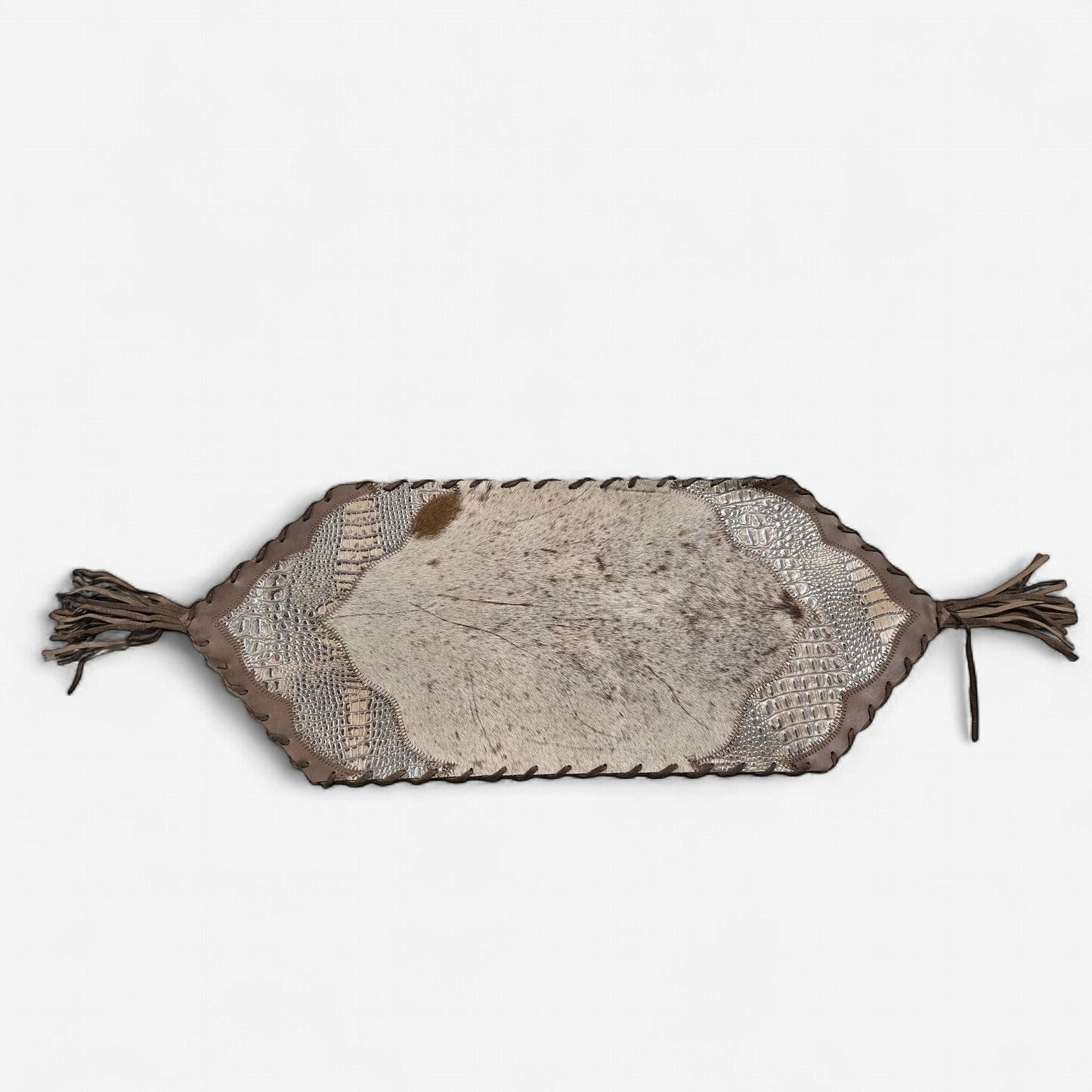 Rustic Leather Designs Mini Table Runner Model 2 - Plain with Details Crocodile-Embossed Tan, with Fringes, Size 1'X2'6"