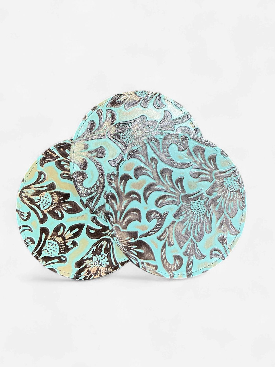 Rustic Leather Designs Coaster of Embossed Leather, Floral Turquoise