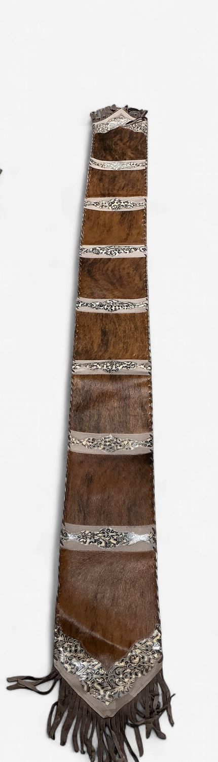 Rustic Leather Designs Table Runner Model 2 - Plain with Details Floral Tan, with Fringes, Size 1'X10'