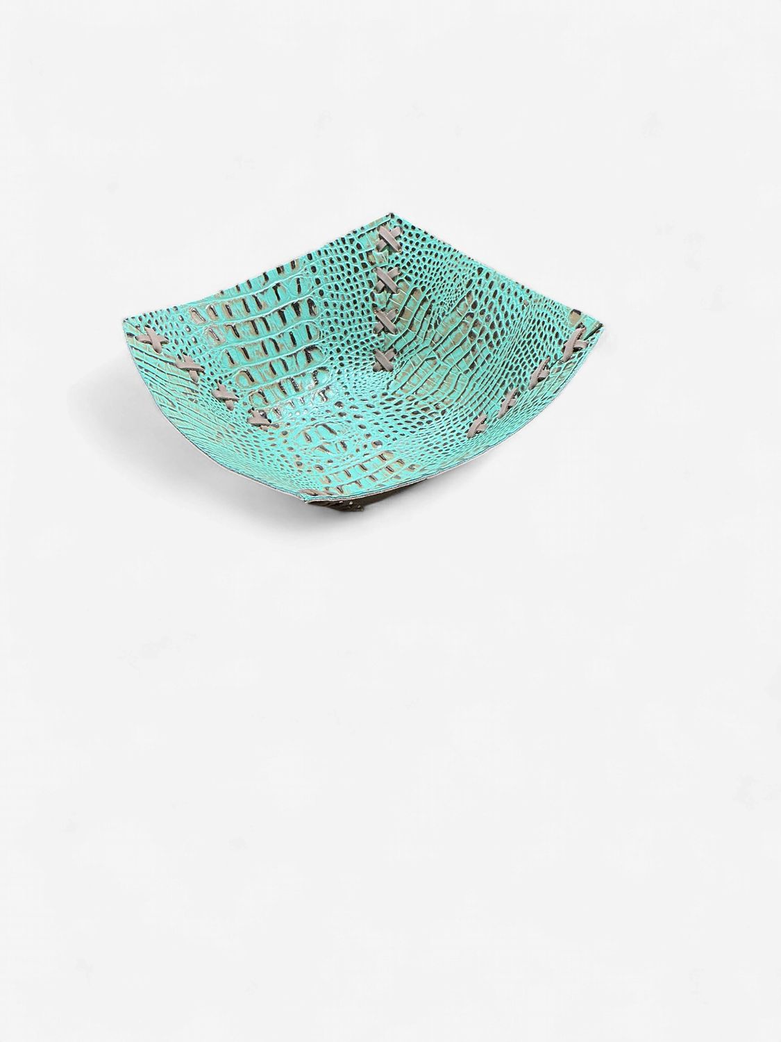Rustic Leather Designs Bowl Made of Embossed Leather, Crocodile-Embossed Turquoise
