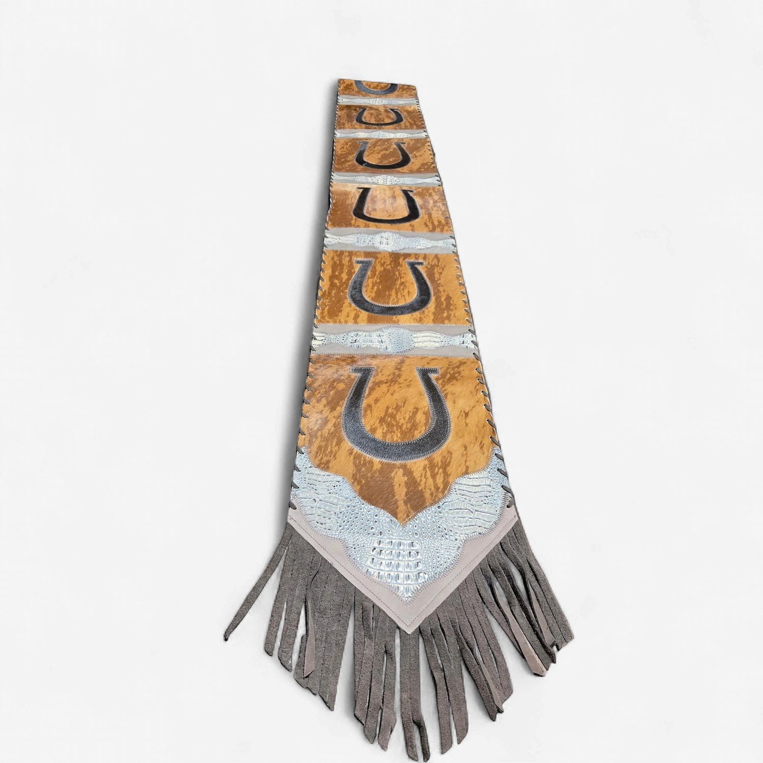 Rustic Leather Designs Table Runner Model 2 - Horseshoe with Details Crocodile-Embossed Tan, with Fringes, Size 1'X6'