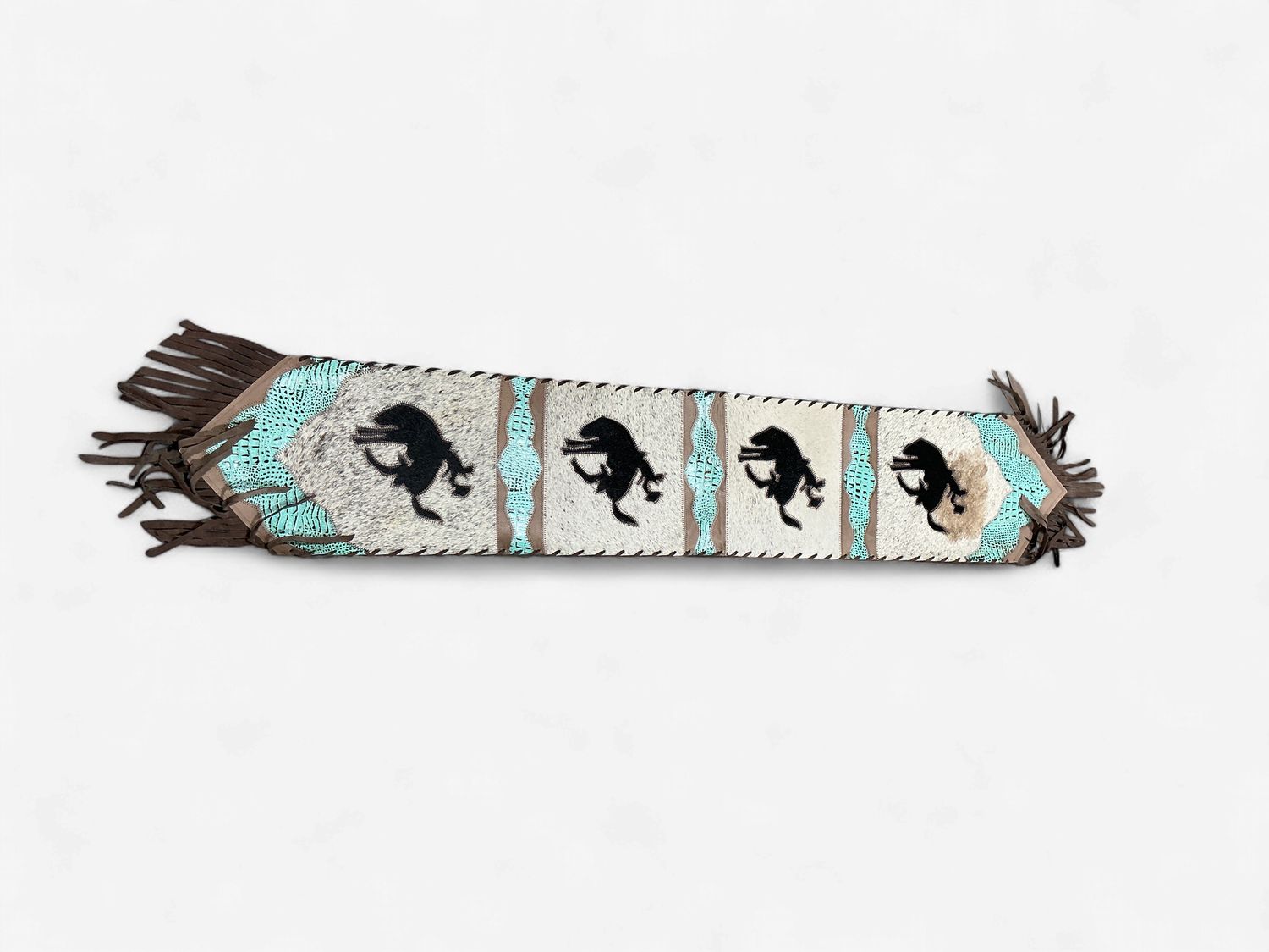 Rustic Leather Designs Mini Table Runner Model 2 - Plain with Details Crocodile-Embossed Turquoise, with Fringes, Size 1'X2'6"