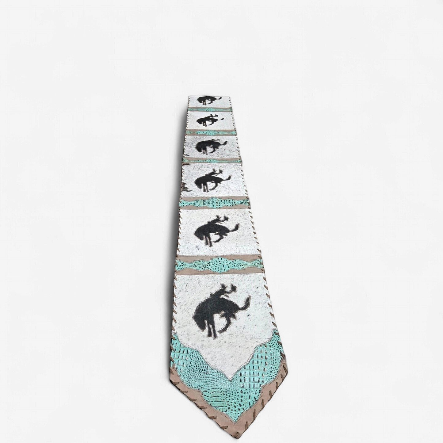 Rustic Leather Designs Table Runner Model 2 - Bucking Horse with Details Crocodile-Embossed Turquoise, with Fringes, Size 1'X6'