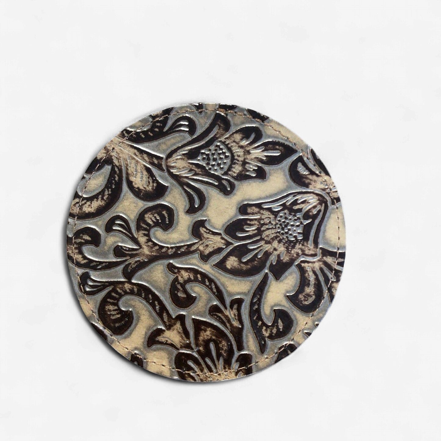 Rustic Leather Designs Coaster of Embossed Leather, Floral Tan