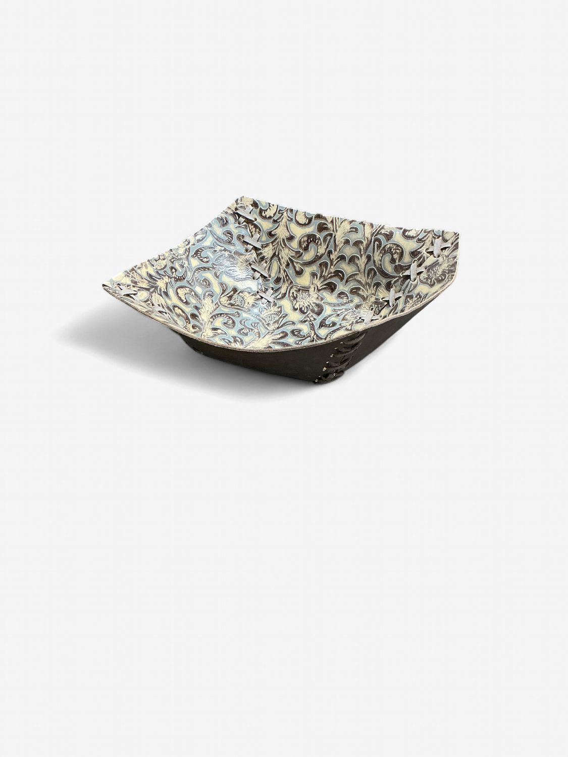 Rustic Leather Designs Bowl Made of Embossed Leather, Floral Tan
