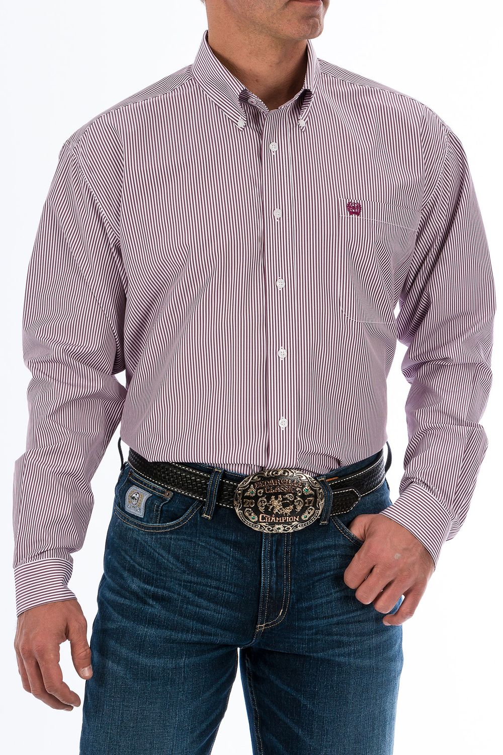 Cinch Men's Burgundy Long Sleeve Stripe Shirt