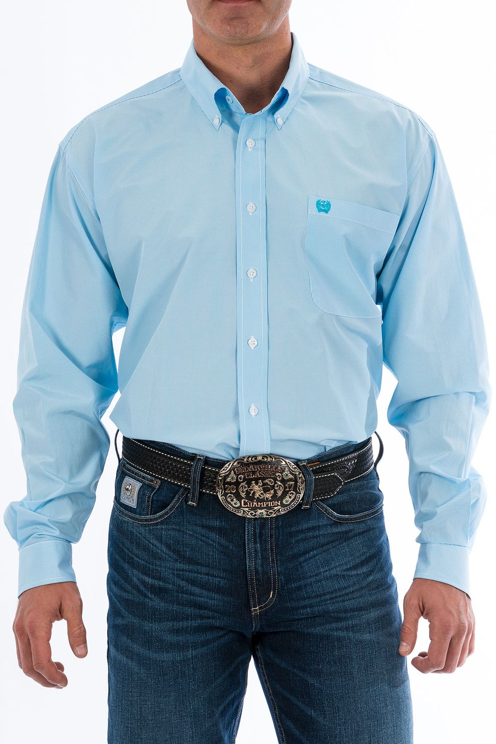 Cinch Men's Light Blue Long Sleeve Stripe Shirt