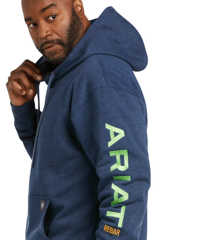 Ariat Men's Rebar Workman Graphic Hoodie, Color: Navy Heather/Lime, Size: XS
