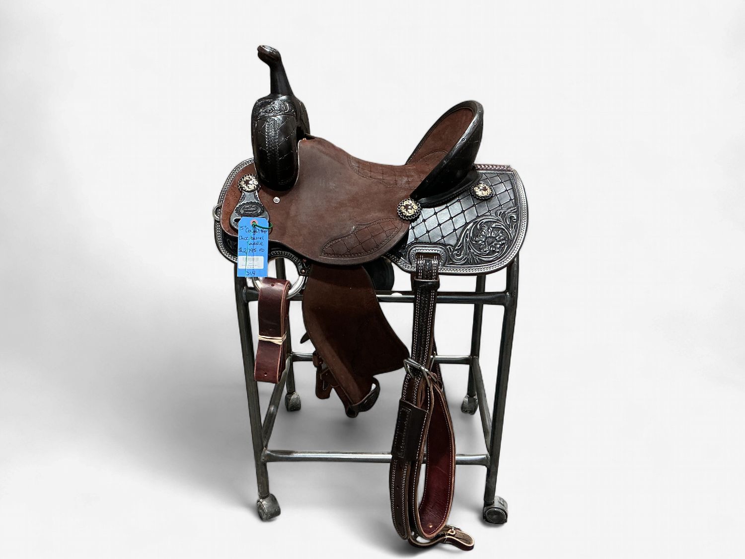 Irvine Cowgirl Pro Chocolate Barrel Saddle - 15" Square &amp; Floral Tooling