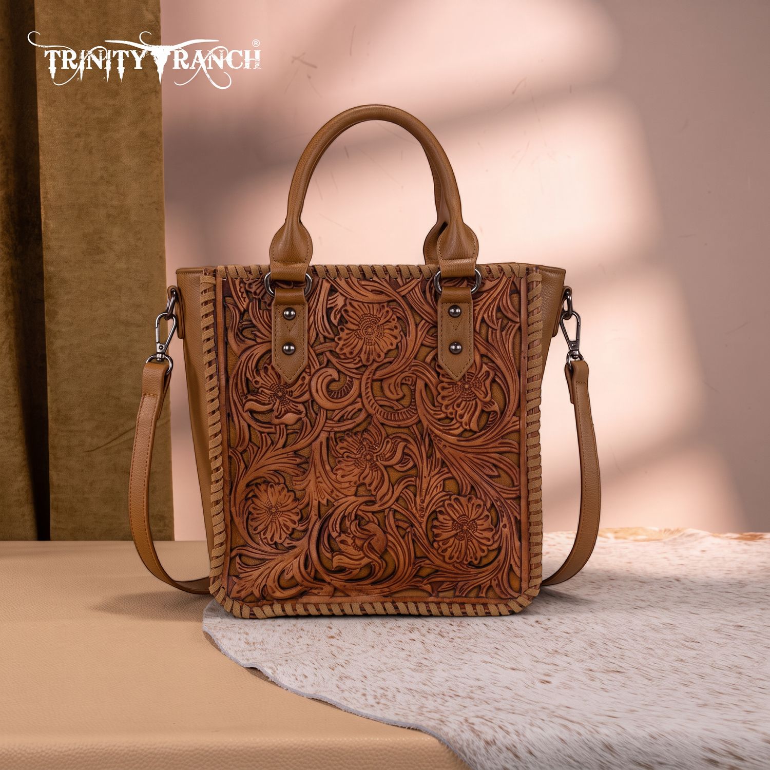Trinity Ranch Floral Tooled Collection Tote/Crossbody - Light Brown