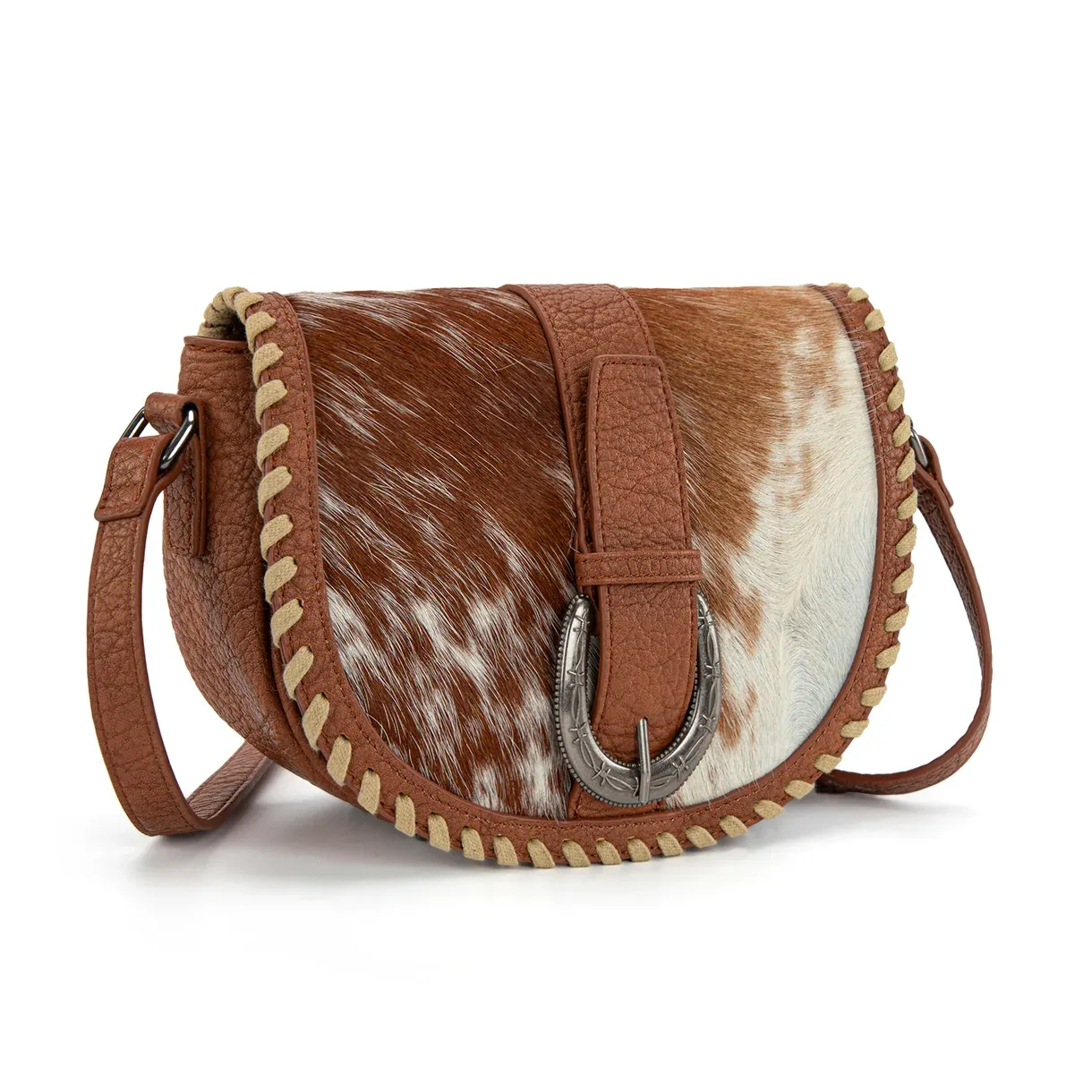 Trinity Ranch Western Hair-On Cowhide Saddle Crossbody - Brown