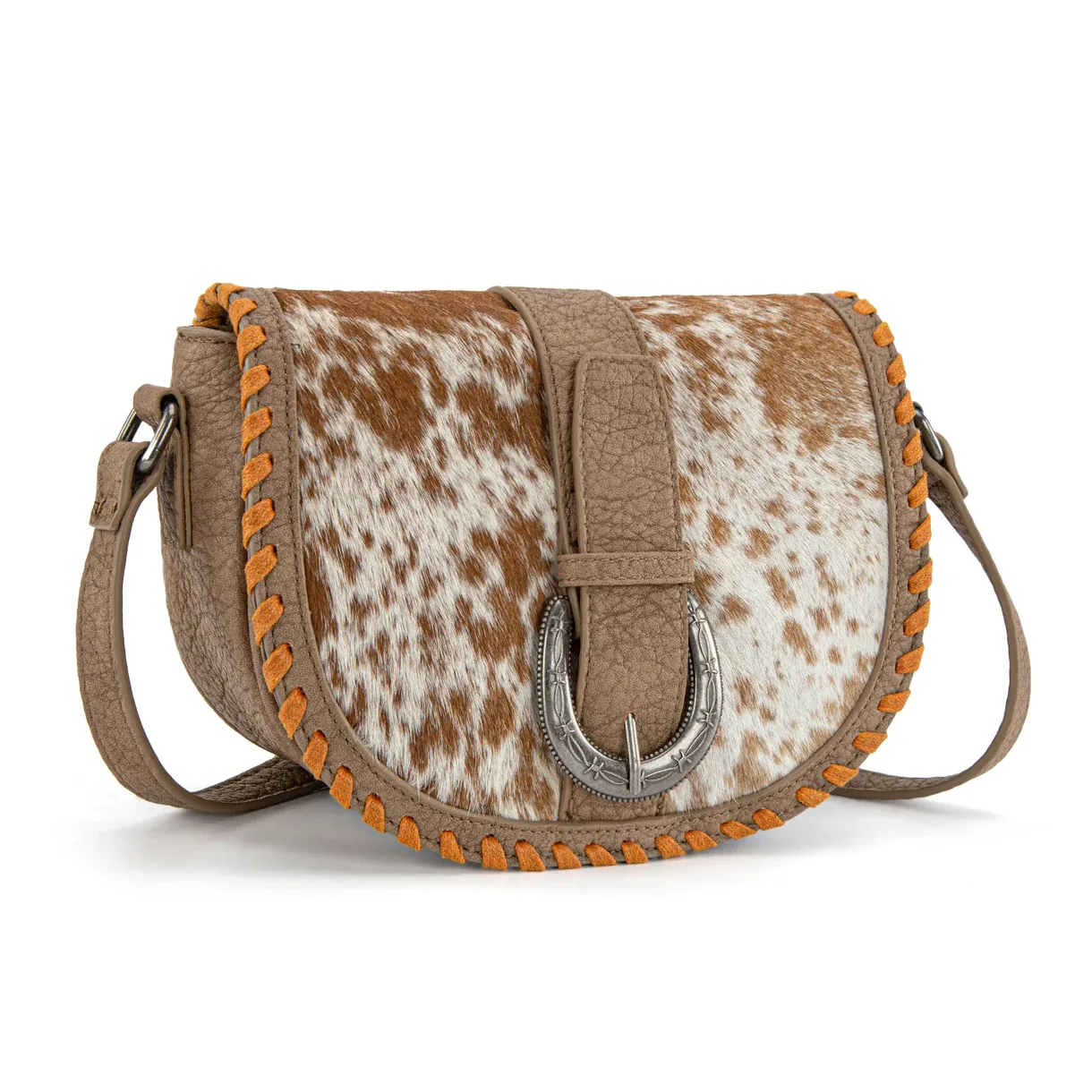 Trinity Ranch Western Hair-On Cowhide Saddle Crossbody - Khaki