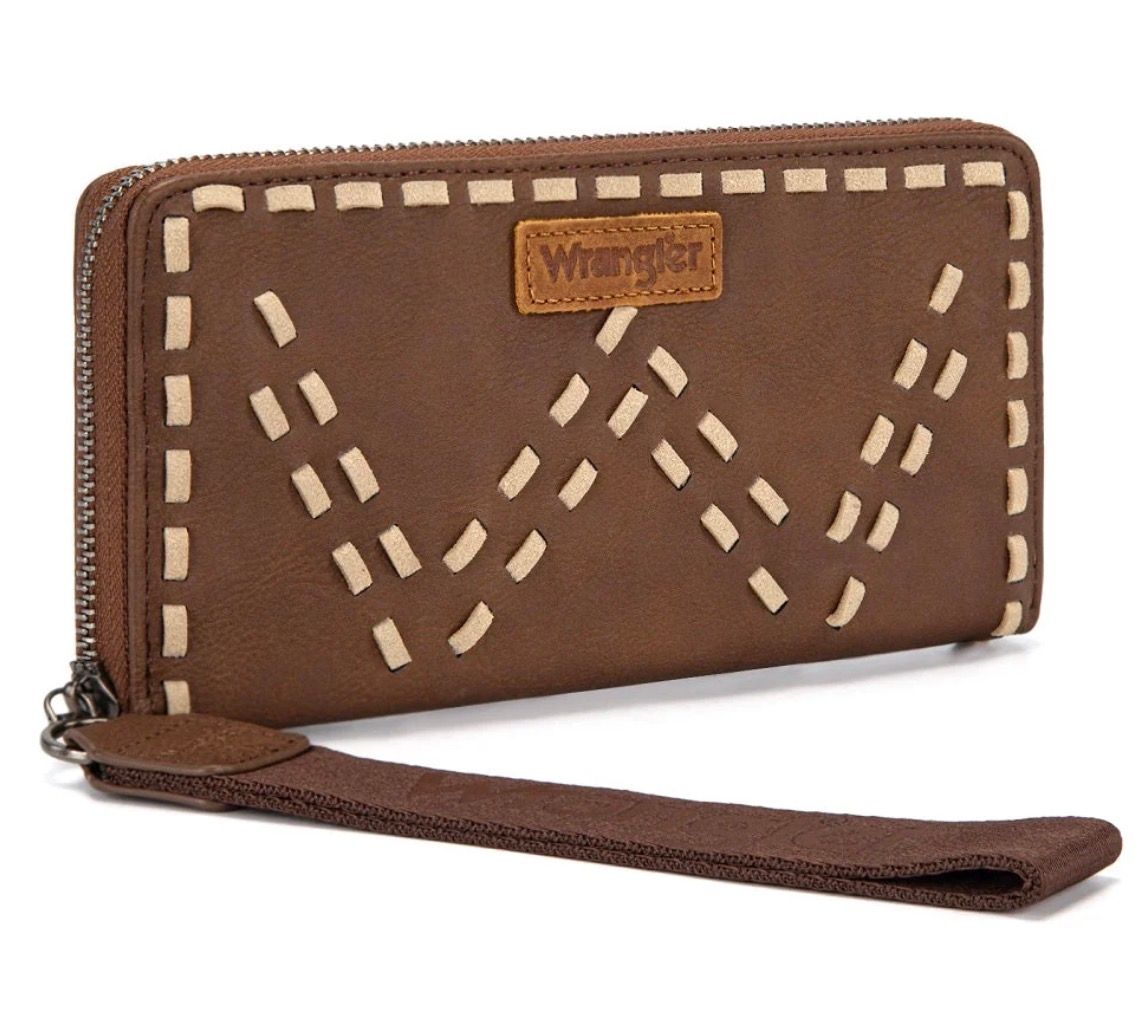Wrangler Western Stitch Zip Around Wristlet Wallet - Coffee