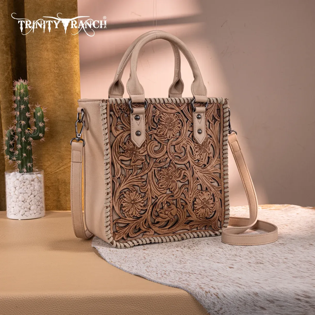 Trinity Ranch Floral Tooled Collection Tote/Crossbody - Tan
