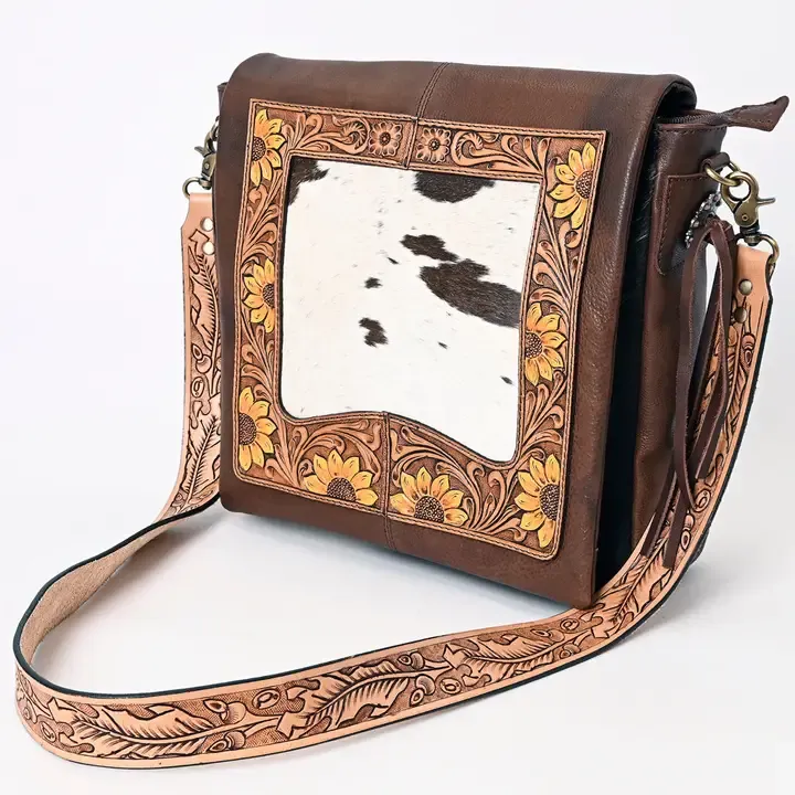 American Darling Hair-On Cowhide Hand Tooled Leather Messenger Bag