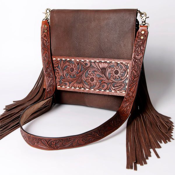 American Darling Tooled Leather Brown Fringe Western Messenger Bag