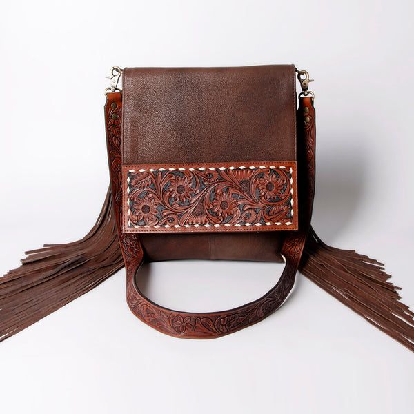 American Darling Tooled Leather Brown Fringe Western Messenger Bag