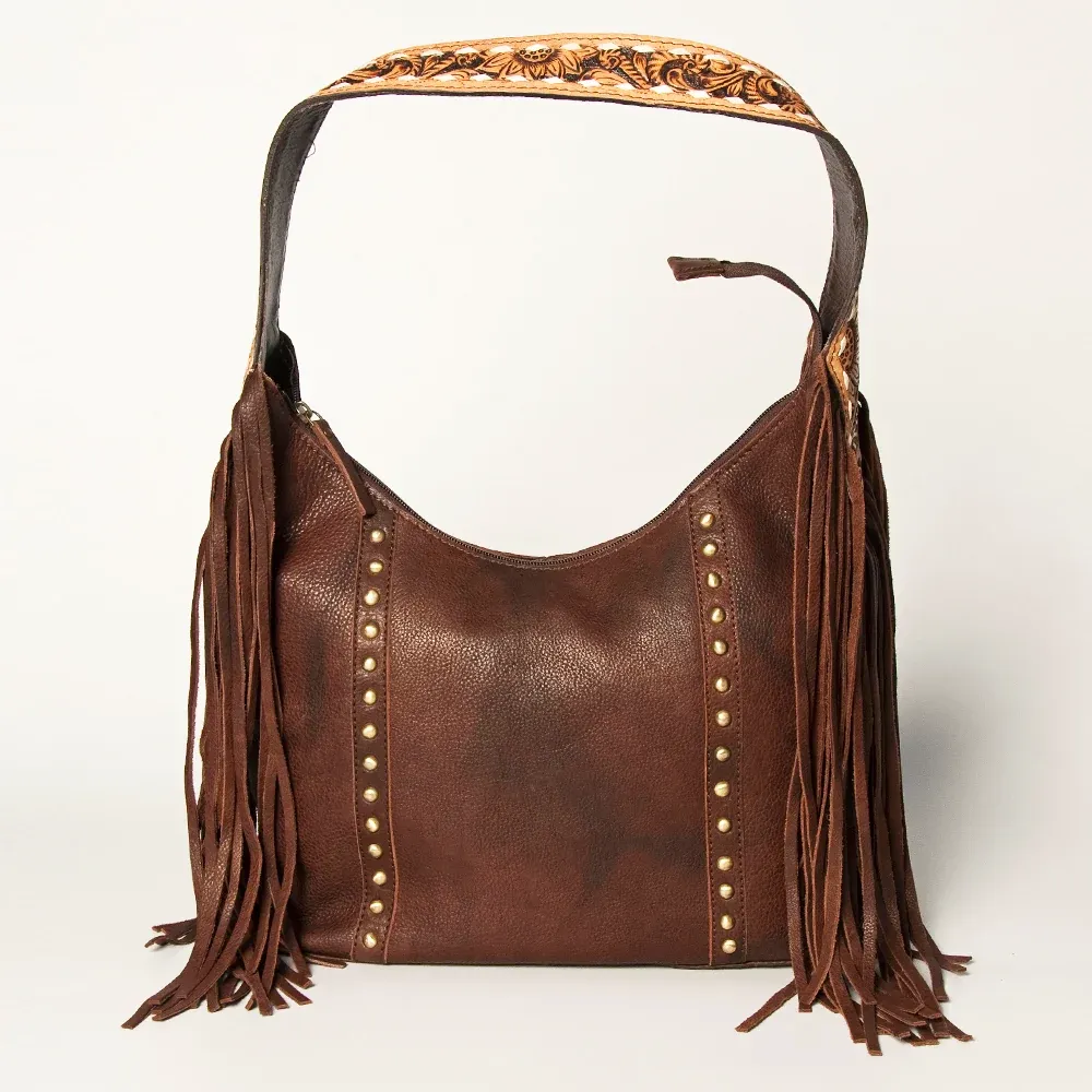 American Darling Genuine Leather Floral Carved Hand Tooled Fringe Hobo Bag