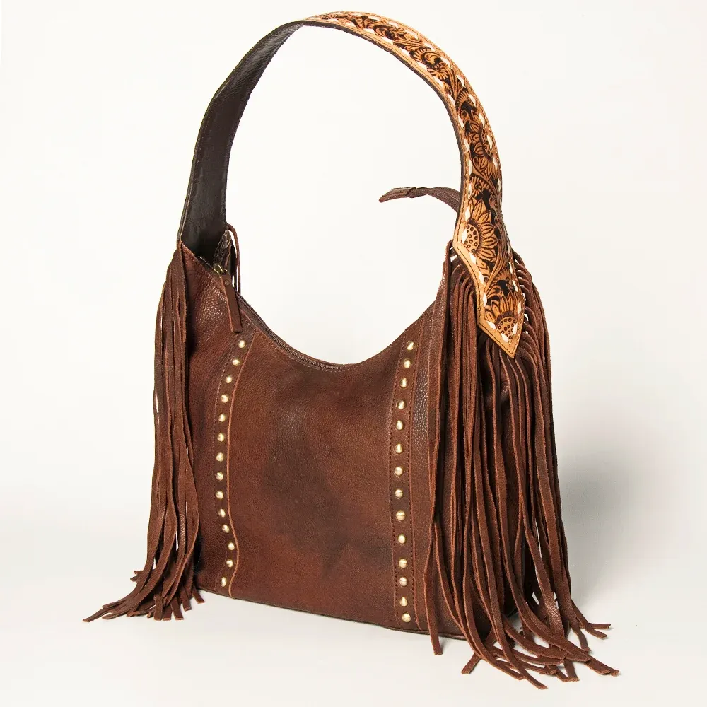 American Darling Genuine Leather Floral Carved Hand Tooled Fringe Hobo Bag