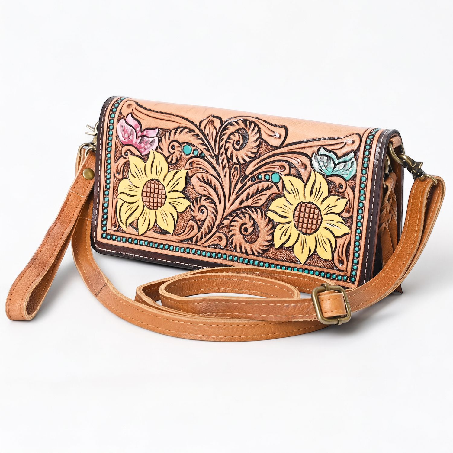 American Darling Hand-Tooled Western Leather Crossbody Purse with Floral Design