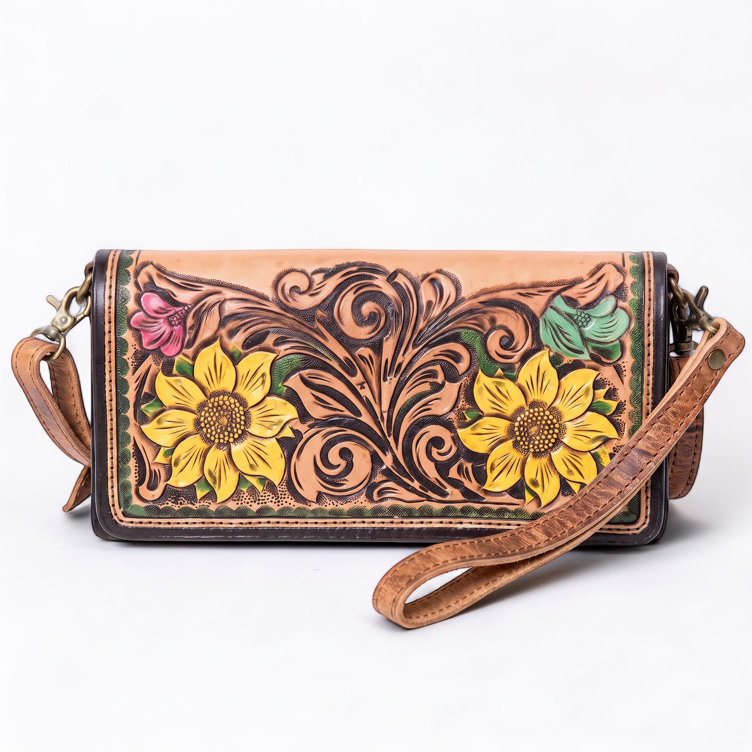 American Darling Hand-Tooled Western Leather Crossbody Purse with Floral Design