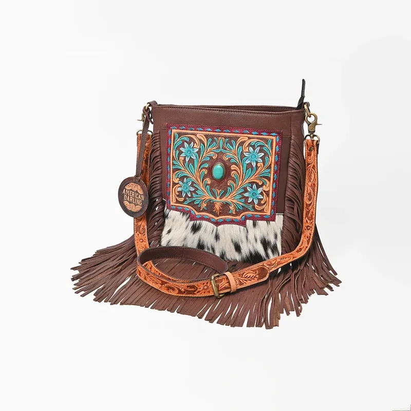 American Darling Hand Tooled Hair-On Genuine Leather Crossbody Bag