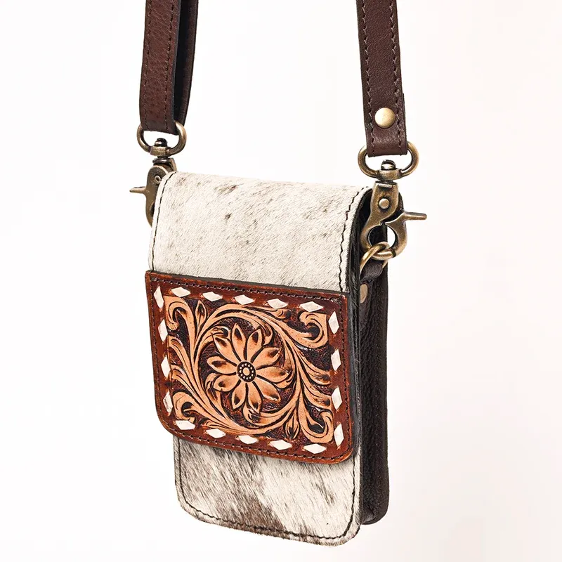 American Darling Genuine Leather Hair-On Hide Tooled Cell Phone Holder