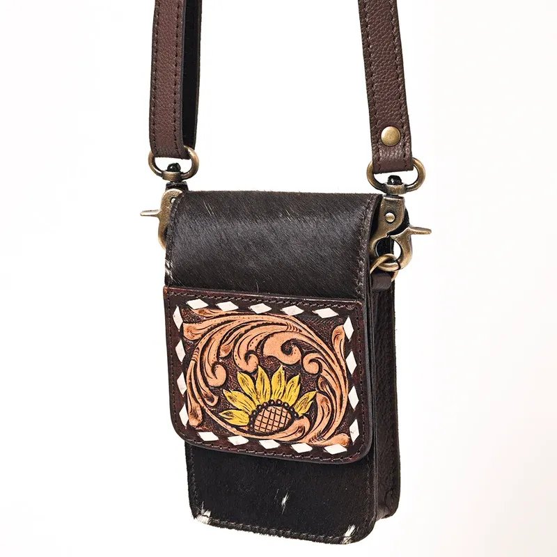 American Darling Genuine Leather Hair-On Hide Tooled Cell Phone Holder, Color / Design: B