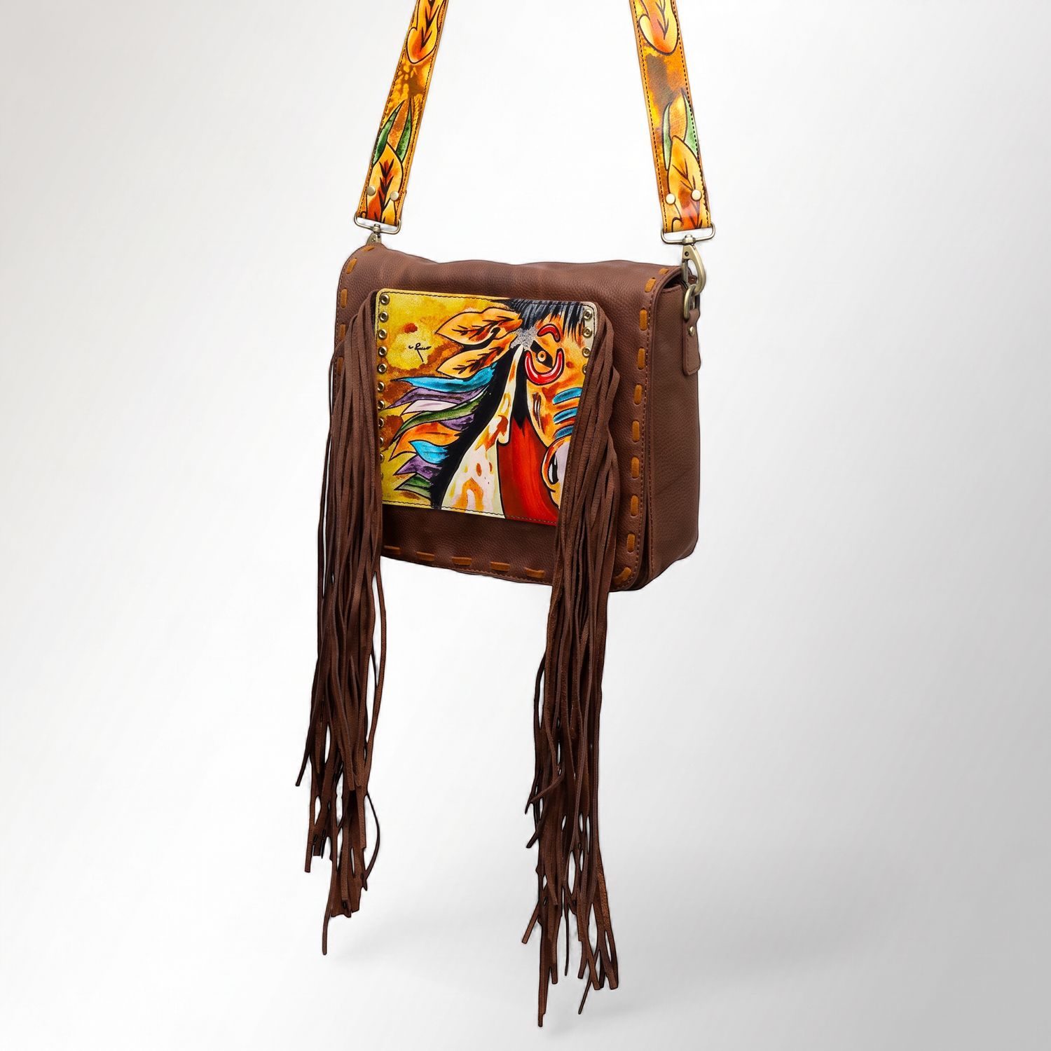 American Darling Painted Artwork Fringed Leather Western Crossbody Bag, Color: R2