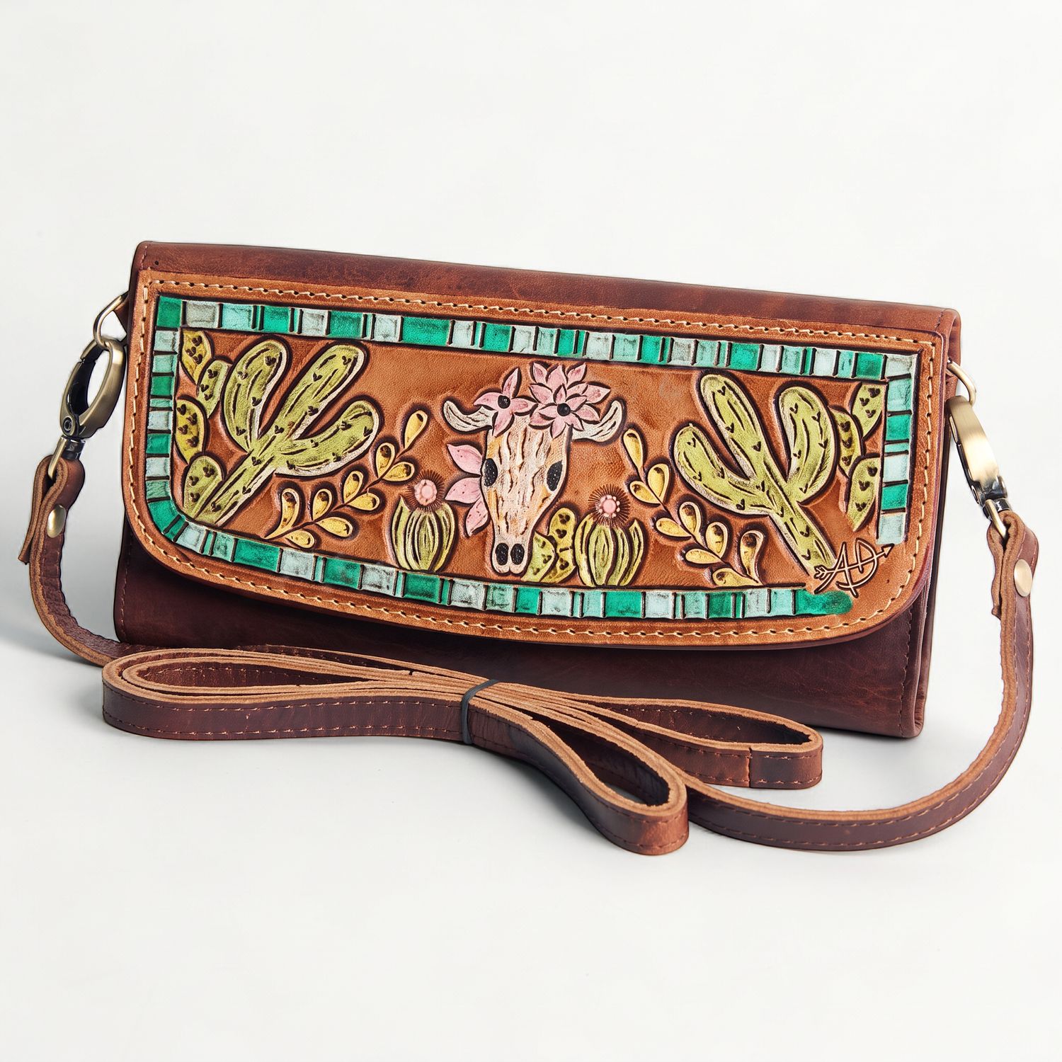 American Darling Western Floral Tooled Leather Crossbody Clutch