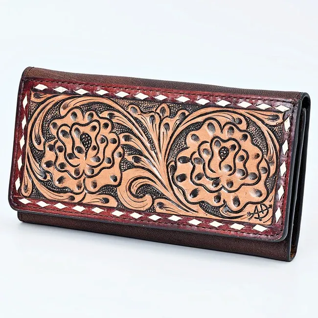 American Darling Western Wallet Bag with Hand-Tooled Floral Carving and Buck Stitching