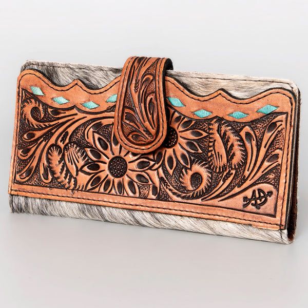 American Darling Hand Tooled Floral &amp; Hair-On Cowhide Western Wallet Bag