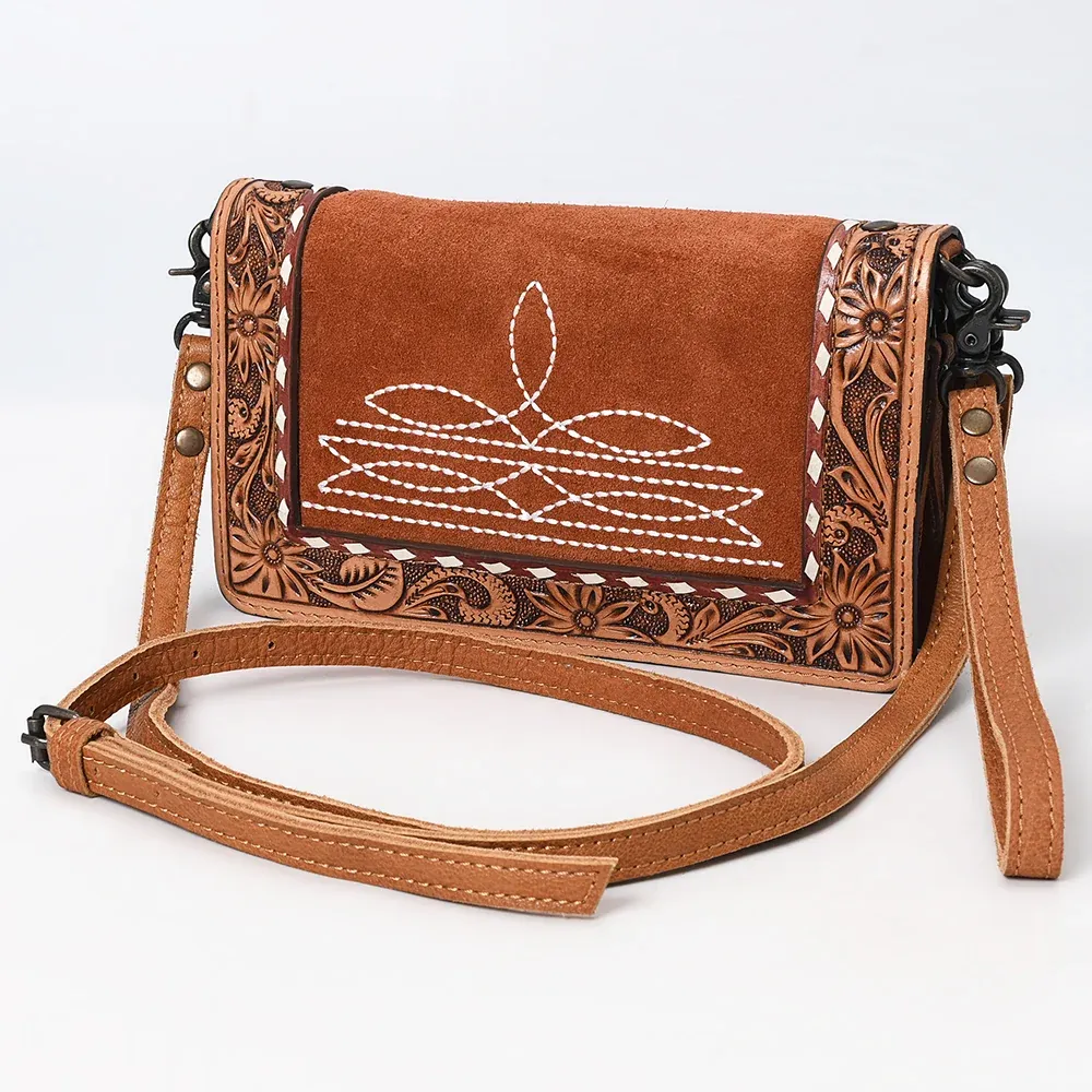 American Darling Genuine Suede Leather Tooled Organizer Bag