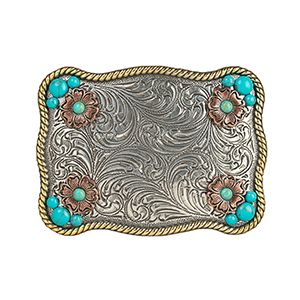 Nocona Rectangular Floral Accent Turquoise Stone Buckle - Antique Silver / Antique Gold