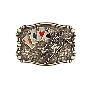 Nocona Rectangular Skeleton Bull Rider Aces Buckle - Matte Antique Silver / Rose Gold