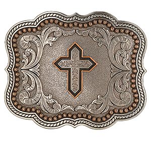 Nocona Rectangular Scalloped Copper Cross Buckle - Antique Silver / Copper
