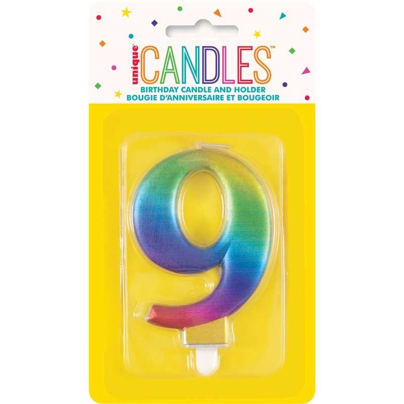 Metallic Rainbow Number 9 Birthday Candle