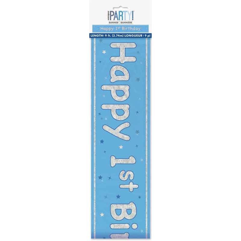Glitz Happy 1st Birthday Blue Foil Banner - 9ft