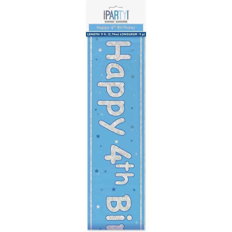 Glitz Happy 4th Birthday Blue Foil Banner - 9ft