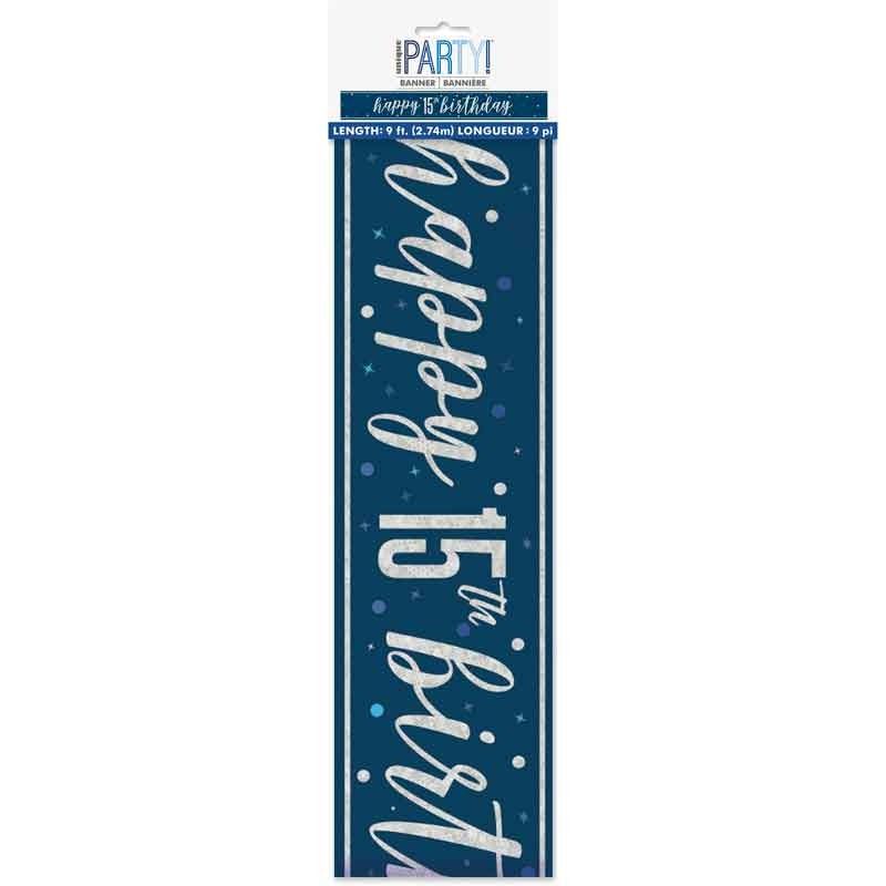 Glitz Happy 15th Birthday Blue Foil Banner - 9ft