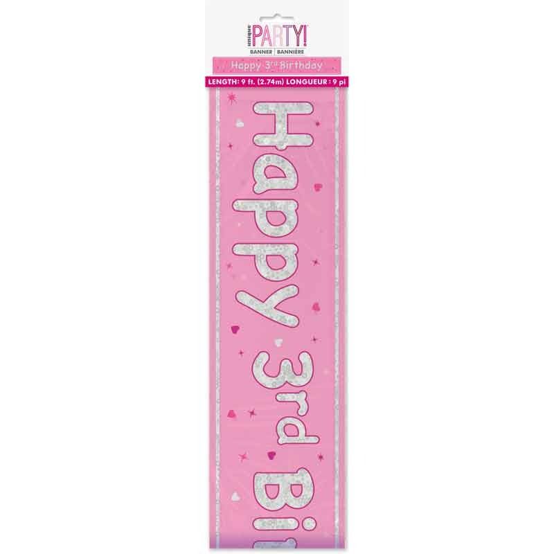 Glitz Happy 3rd Birthday Pink Foil Banner - 9ft