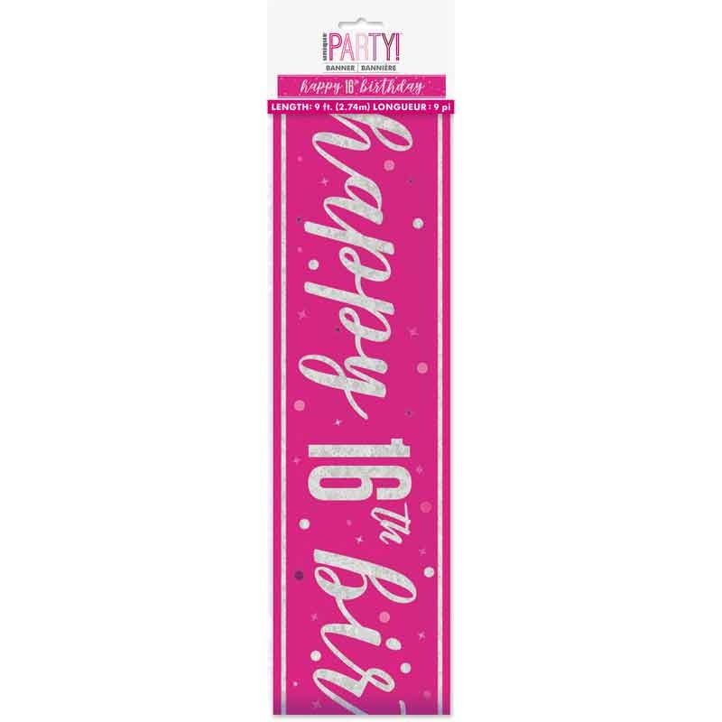 Glitz Happy 16th Birthday Pink Foil Banner - 9ft