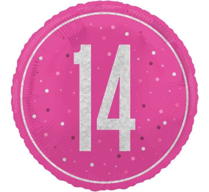 14th Birthday Foil Balloon – Pink &amp; Silver Confetti Design – Uninflated