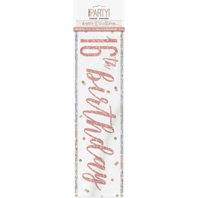 Glitz Happy 16th Birthday Rose Gold Foil Banner - 9ft