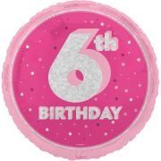 6th Birthday Foil Balloon – Pink &amp; Silver Confetti Design – Uninflated