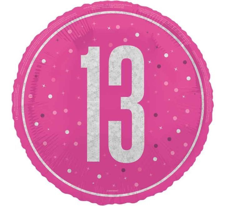 13th Birthday Foil Balloon – Pink &amp; Silver Confetti Design – Uninflated