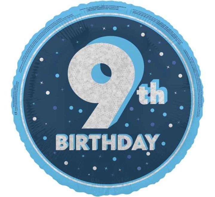 9th Birthday Foil Balloon – Blue &amp; Silver Confetti Design – Uninflated