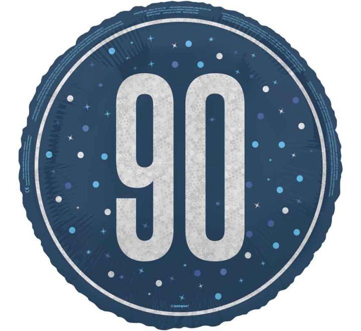90th Birthday Foil Balloon – Blue &amp; Silver Confetti Design – Uninflated